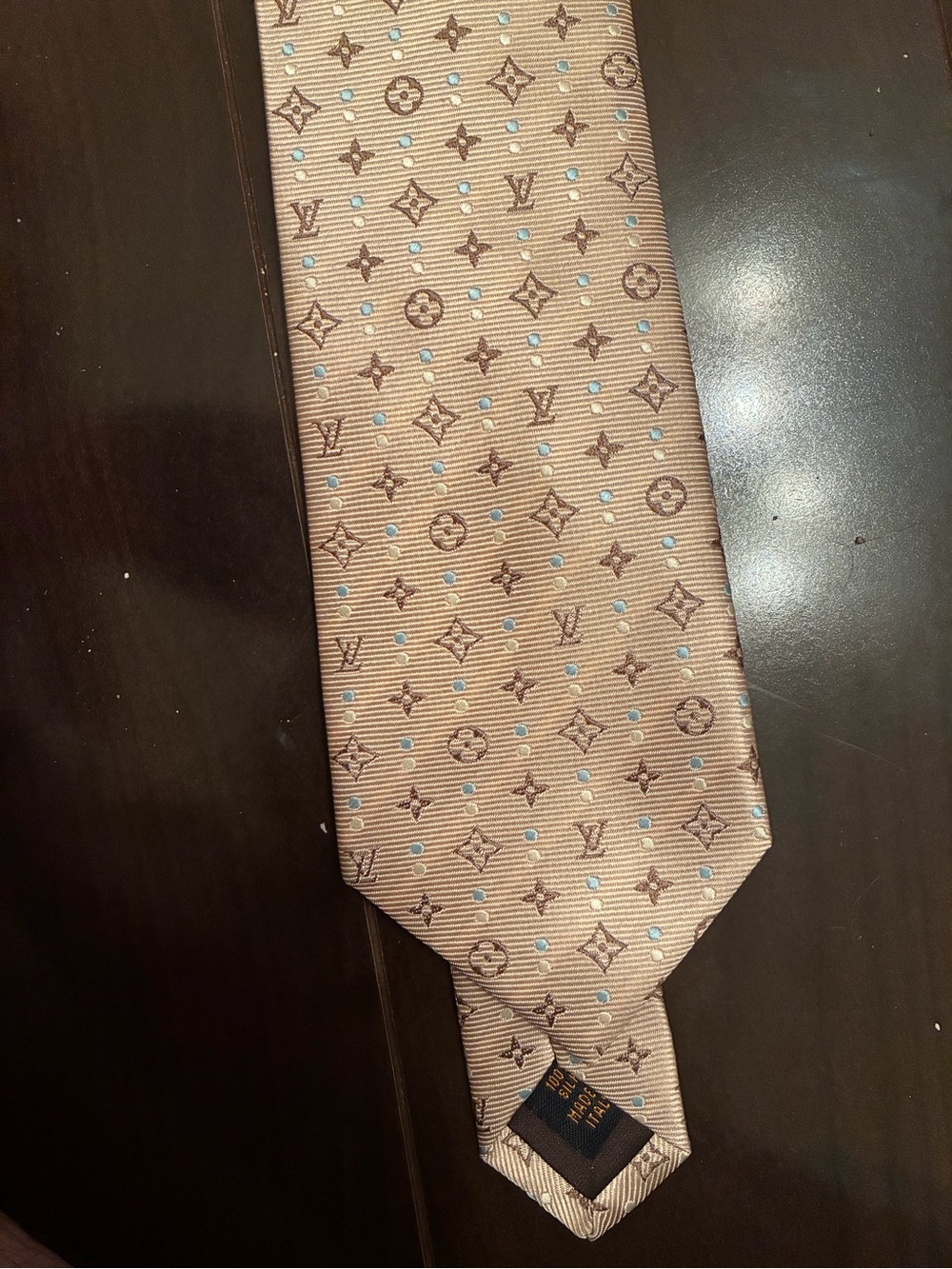 Louis Vuitton Beige Tie with Brown Monogram and Light Blue Dots